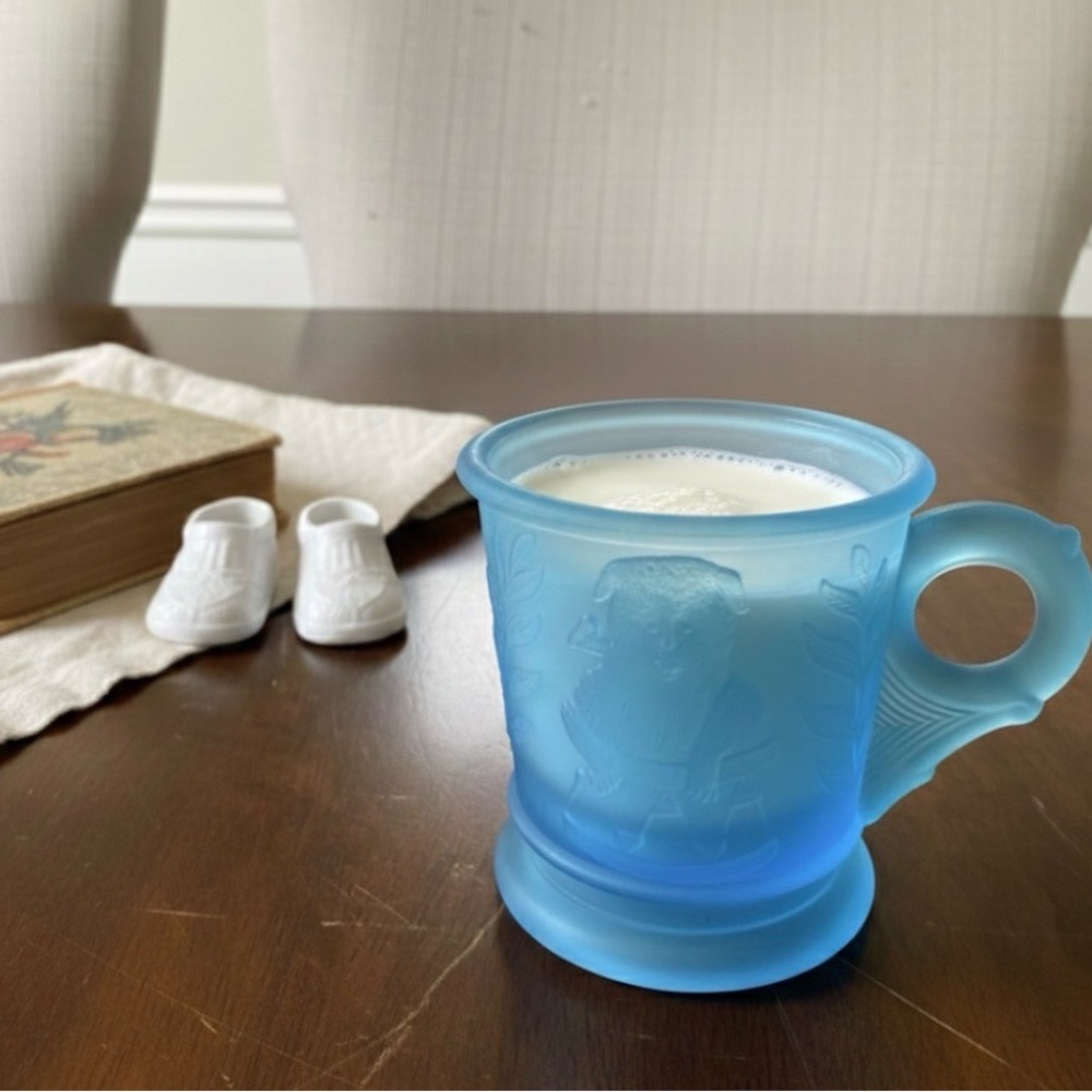Vintage Mosser Blue Satin Glass Puppy Kitten Child’s Mug 3” Tall EUC